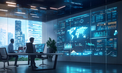 Futuristic Business Collaboration: AI-Driven Strategies, Augmented Reality Insights, Virtual Reality Simulations, and Holographic Financial Data for Smart Office Innovation