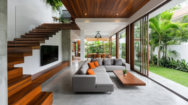 A modern living room with a wooden staircase interior design