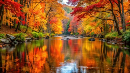 Fototapeta premium Tranquil stream reflecting autumn leaves surrounded by orange and red trees , Autumn, serene, stream, colorful, leaves, trees