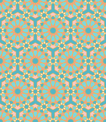 Timeless Islamic geometrics pastel teal pink Raster Pattern. Colorful vintage style sacred geometrics Arabic culture in pastel colors seamless pattern.