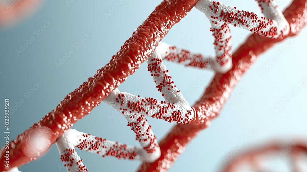Aufkleber Close-up view of DNA double helix structure with red elements on a blue background.