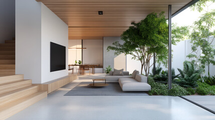 Fototapeta premium A modern living room with a wooden staircase interior design