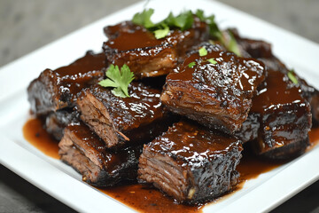 A front view of a plate of beef brisket, slowcooked and smoked, with sauce dripping down the sides