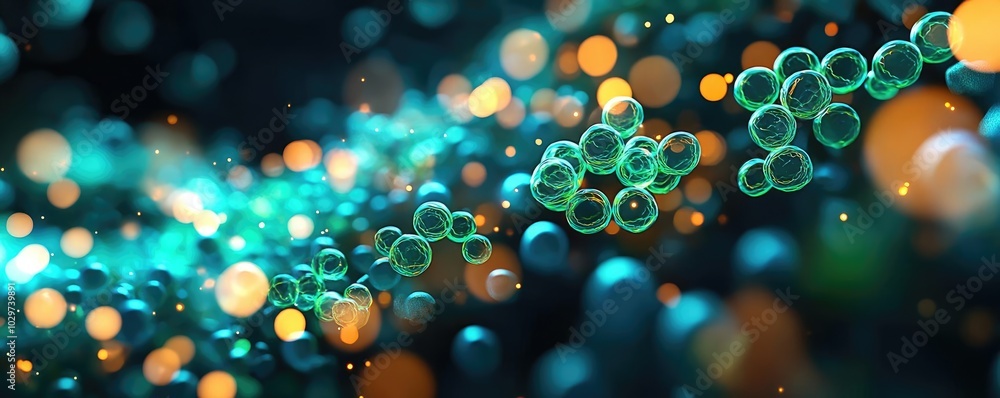 Aufkleber abstract molecular structure with glowing particles, blue and green tones.