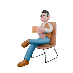 3D Cartoon of Male Anthropologist . A male anthropologist is sitting on a lounge chair with his left leg on top of his right leg and carrying a glass cup.  Professional