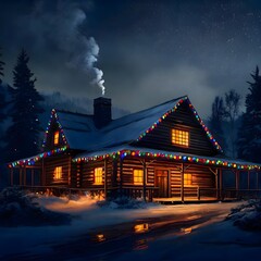 Obraz premium Cozy illuminated cabin under a starlit winter sky surrounded by pine forest.
