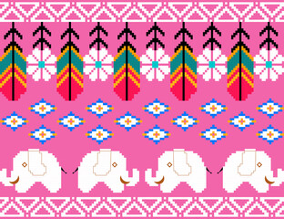 A vibrant textile pattern featuring white elephants, colorful feathers, and flowers on a pink background, showcasing a playful and artistic design.