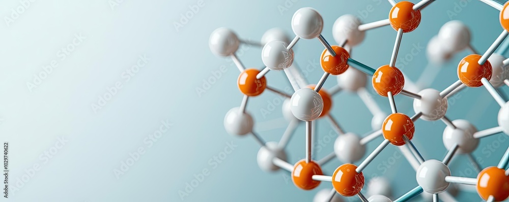 Poster molecular structure with white and orange atoms on a gradient background.