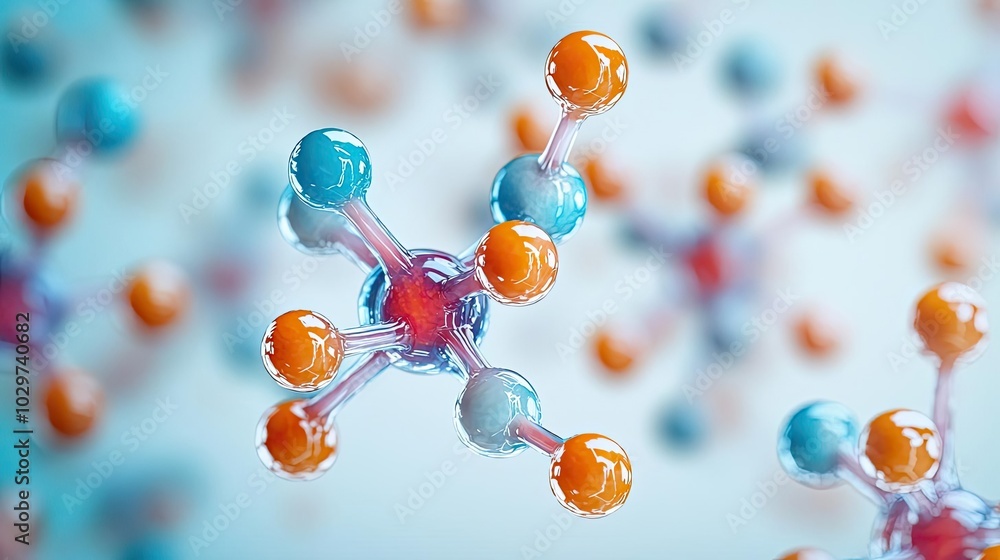 Poster Abstract molecular structure with colorful atoms on a light background.