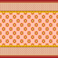 A vibrant textile pattern featuring floral designs in pink, gold, and red, showcasing intricate details and a rich, decorative background.