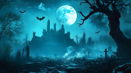 Graveyard to castle In Spooky scary dark Night full moon and bats on dead tree. Holiday event halloween banner background concept