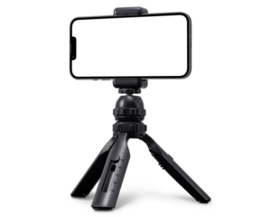 スマートフォンを据え付けた小型の三脚