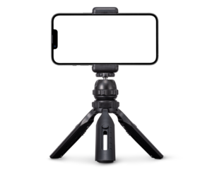 スマートフォンを据え付けた小型の三脚