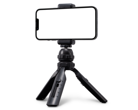 スマートフォンを据え付けた小型の三脚