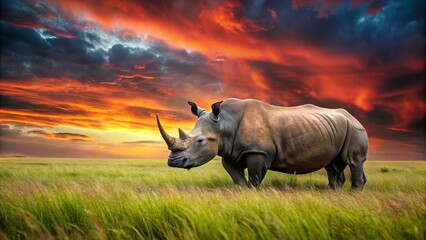 Obraz premium A rhinoceros stands amidst a field of tall grass, its silhouette outlined against a breathtaking sunset sky, with a dramatic display of vibrant hues painting the heavens above.