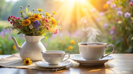 Fototapeta premium Morning sunlight through the window illuminates a steaming cup of coffee on a wooden table, next to a vase of wildflowers, a perfect start to a peaceful day.