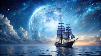 Fototapeta premium A solitary ship sails under a celestial expanse, a luminous orb casting an ethereal glow on the tranquil sea.