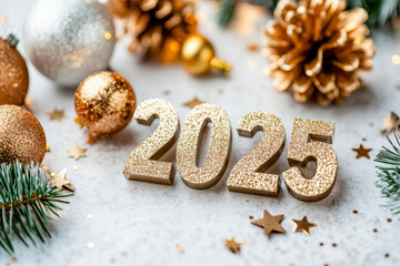 A Christmas decoration with a gold star and the number 2025