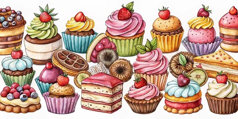 An abundance of colorful, beautifully crafted pastries, cakes, and sweet treats, featuring a variety of toppings and fillings, showcased on a clean white background.