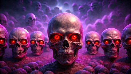 Obraz premium A multitude of glowing red-eyed skulls emerge from a field of skulls, their menacing gaze piercing the darkness.