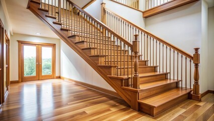 Fototapeta premium Wooden staircase with matching wooden handrails , stairs, steps, railing, interior design, home, architecture