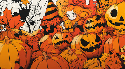 pumpkins and haloween, Fall color, hand drawn color illustration banner, orange, witch, candy, black