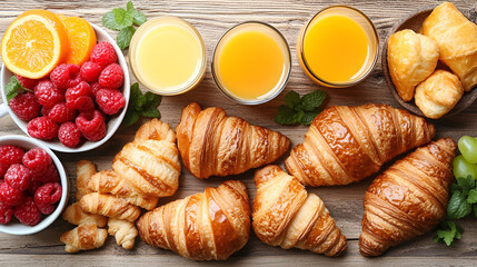 A delicious breakfast of fresh croissants and jam alongside vibrant fruit on a white plate with a cup of coffee, showcasing the perfect morning snack from a French bakery