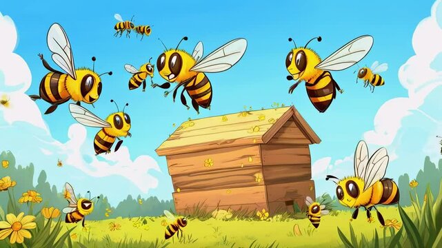 Cartoon Bees Flying Around a Hive