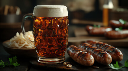 Beer and sausages on a rustic wooden table.