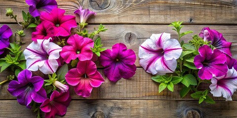 A Cluster of Vibrant Petunias in Various Shades of Purple, Pink, and White on a Rustic Wooden Background