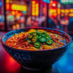 spicy ramen bowl, topped with sliced jalapeños, chili oil, and spicy ground pork. street-style, blurred people and street in the background