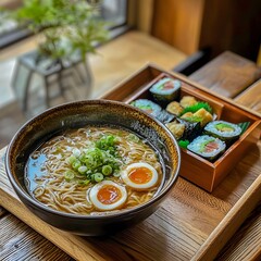traditional ramen meal served in a bento box, a bowl of shoyu ramen, toppings with green onions. bento box includes sushi rolls, pickles, small salad, all on a wooden tray
