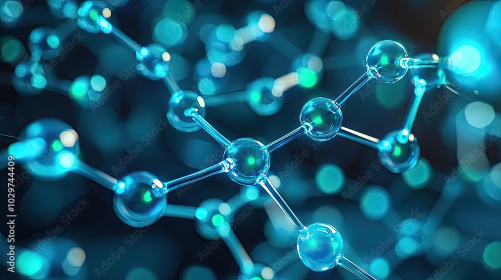 Poster close-up view of molecular structure with glowing blue atoms and bonds.