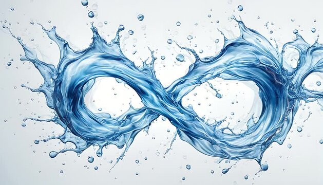 Water infinity symbol with flowing liquid, splashing droplets, blue color palette, representing eternity, endlessness, and infinite possibilities