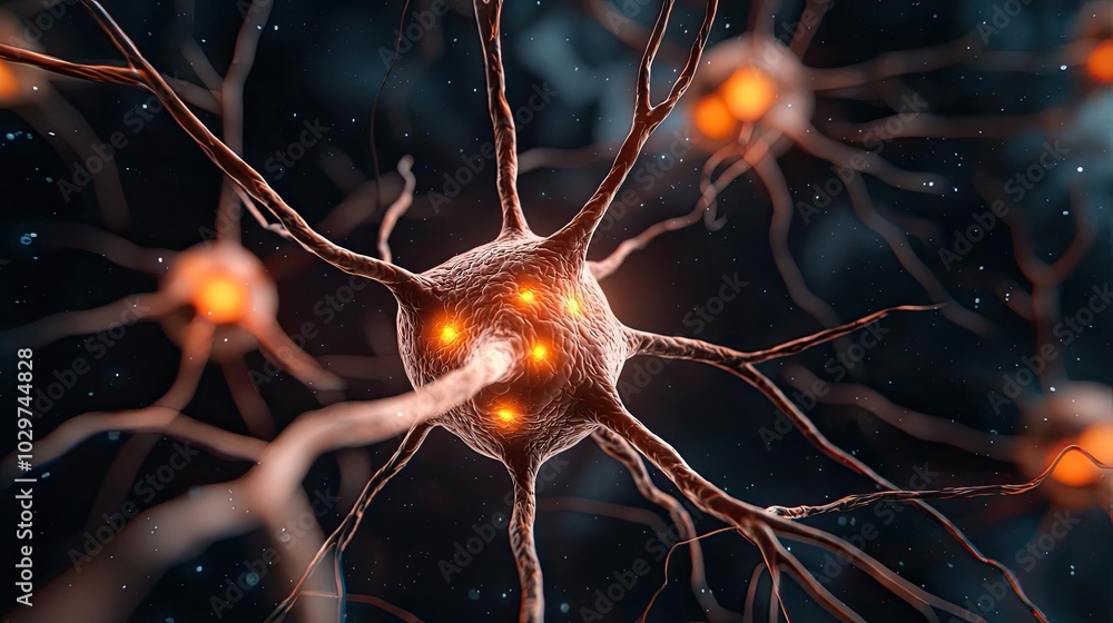 Poster Detailed image of a neuron with glowing synapses in a dark background.