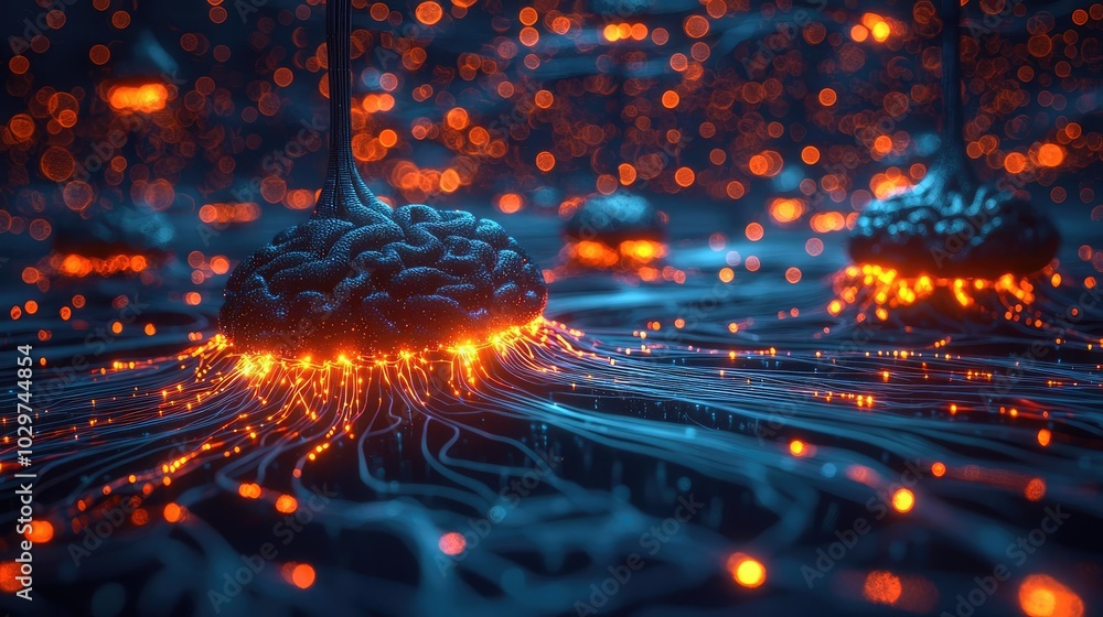Aufkleber Abstract visualization of neural activity with glowing paths and nodes.