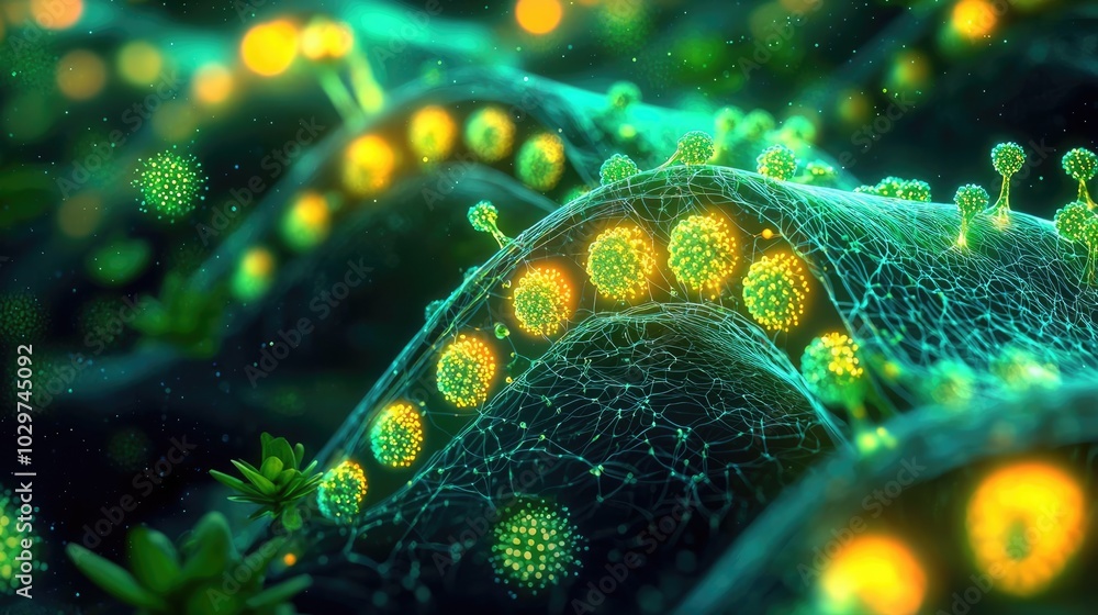 Poster Colorful microscopic view of cells with glowing structures against a dark background.