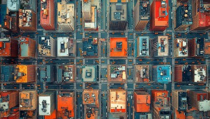 Aerial view of a vibrant city grid showcasing buildings and streets.