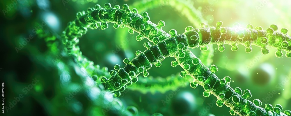 Poster abstract representation of dna strands with vibrant green colors and soft lighting.
