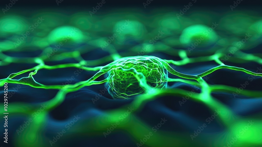 Poster Close-up of green cell structure on a dark background, isolated and illuminated.