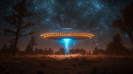A classic flying saucer hovers over a forest at night, illuminating the ground with a blue beam of light.