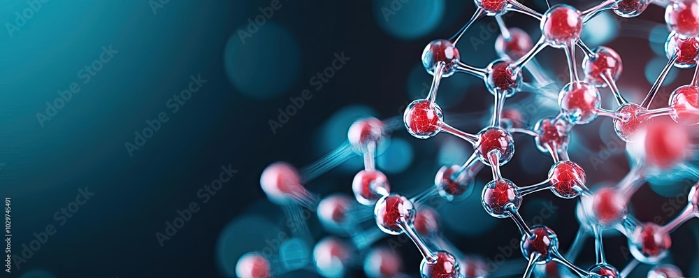 Poster molecular structure with red and blue atoms on a dark background.