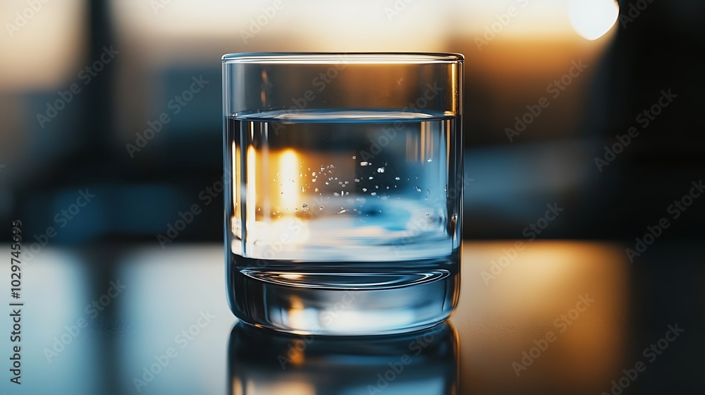 Wall mural glass of water with ice cubes on blurred background