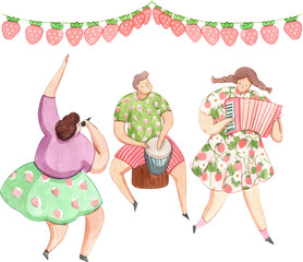 a man plays drums while a woman sings in a skirt and another woman plays the accordion, strawberry festival, hand-drawn watercolor illustration