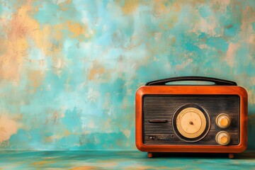 Nostalgic vintage radio receiver displayed against a textured turquoise background with copy space...