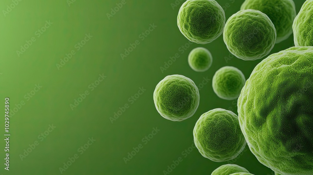 Poster a close-up view of green cells on a gradient background.