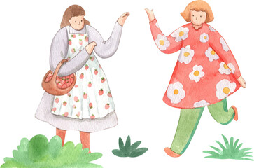 a woman holding a picnic basket filled with strawberries runs alongside another woman in a floral shirt, strawberry festival, hand-drawn watercolor illustration