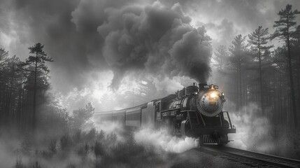 Fototapeta premium Steam Train Chugging Through Foggy Forest: A Vintage Railway Journey