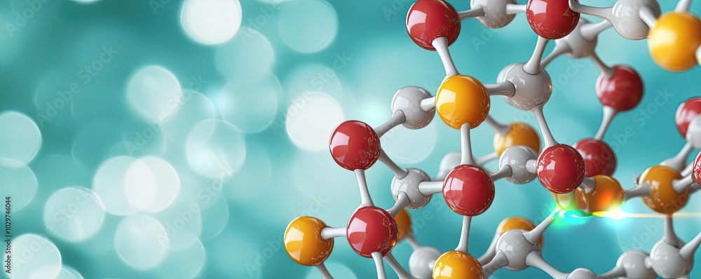 Poster Molecular structure on a blurred turquoise background with sparkling lights.
