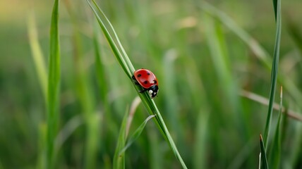 Ladybug Perched on a Blade of Grass in a Field